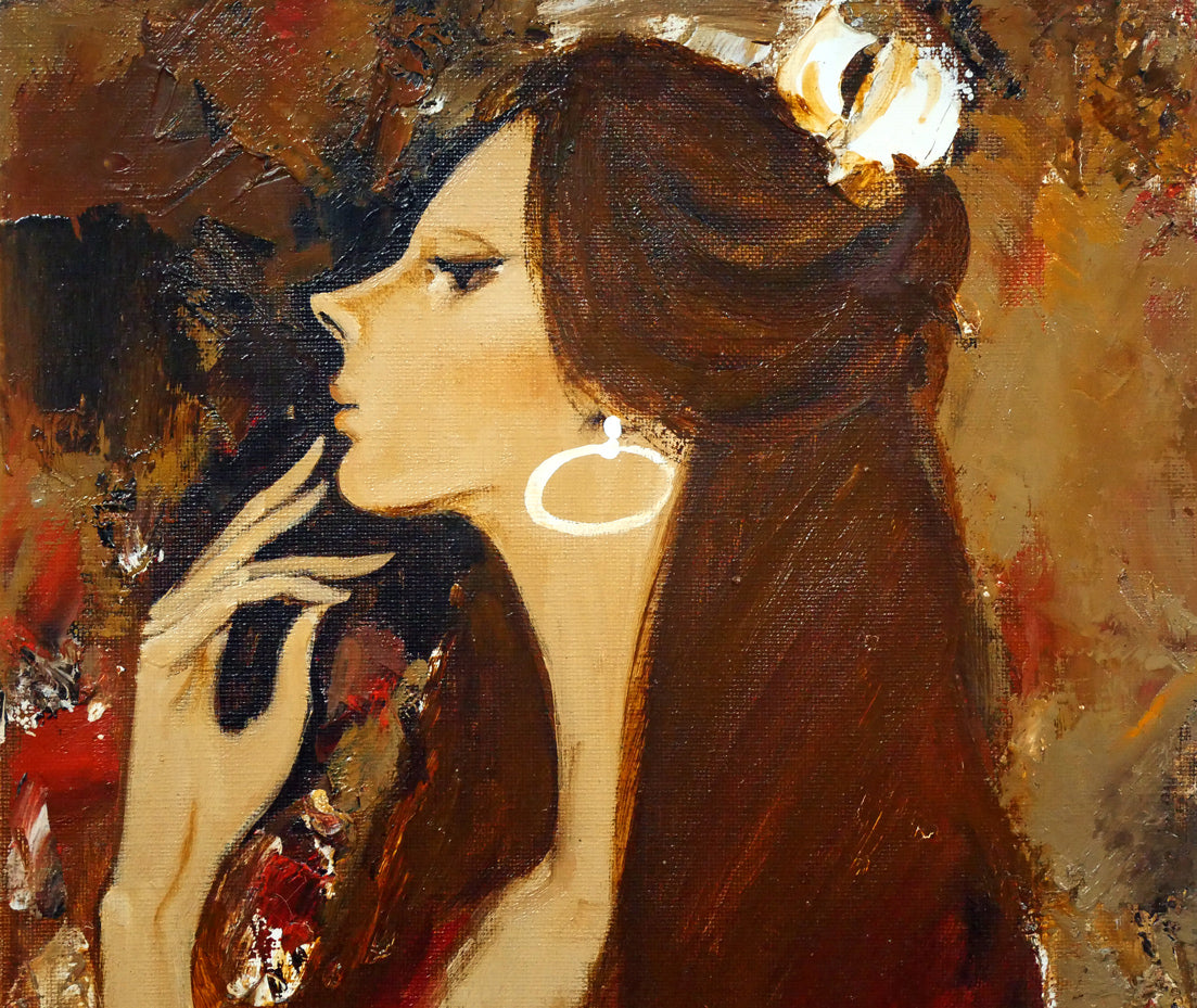 園田郁夫「女性像(赤い服)」油絵・F3号 拡大画像1