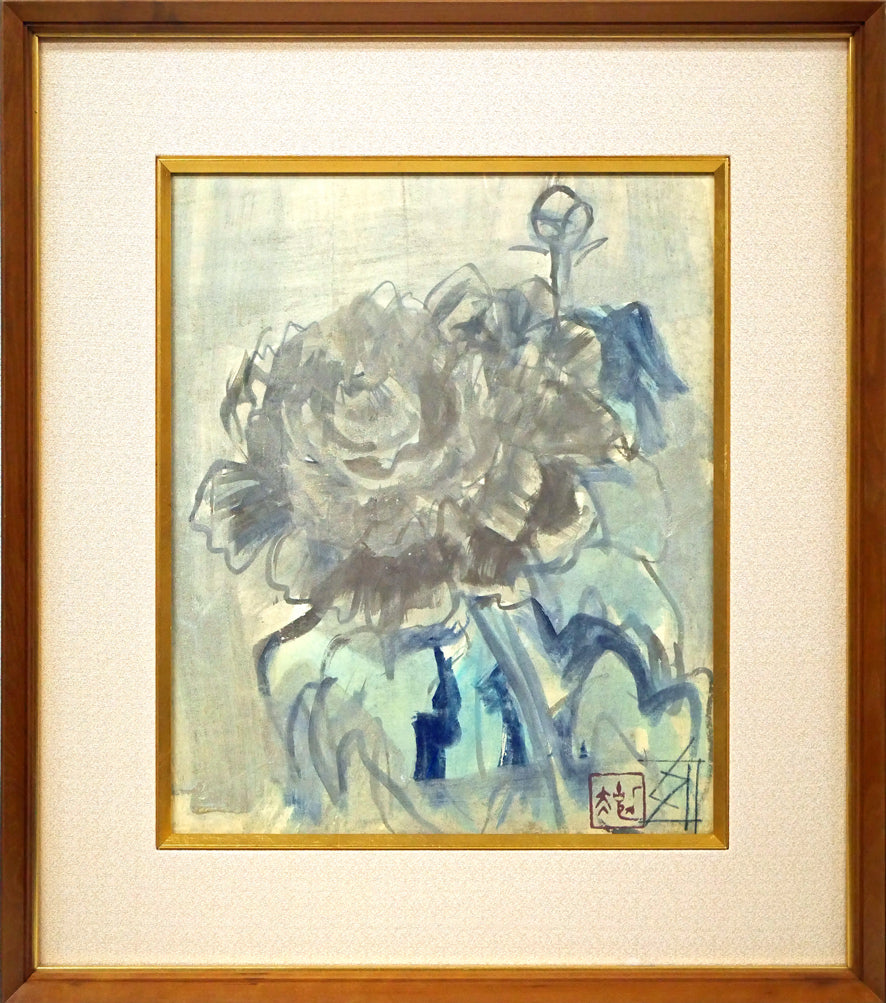 須田剋太「牡丹」グワッシュ(水彩画)・6号小