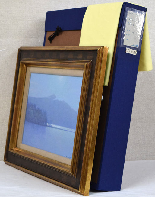 住吉久志「光る湖」油絵・F4号 付属品画像(黄袋、布タトウ箱付き)