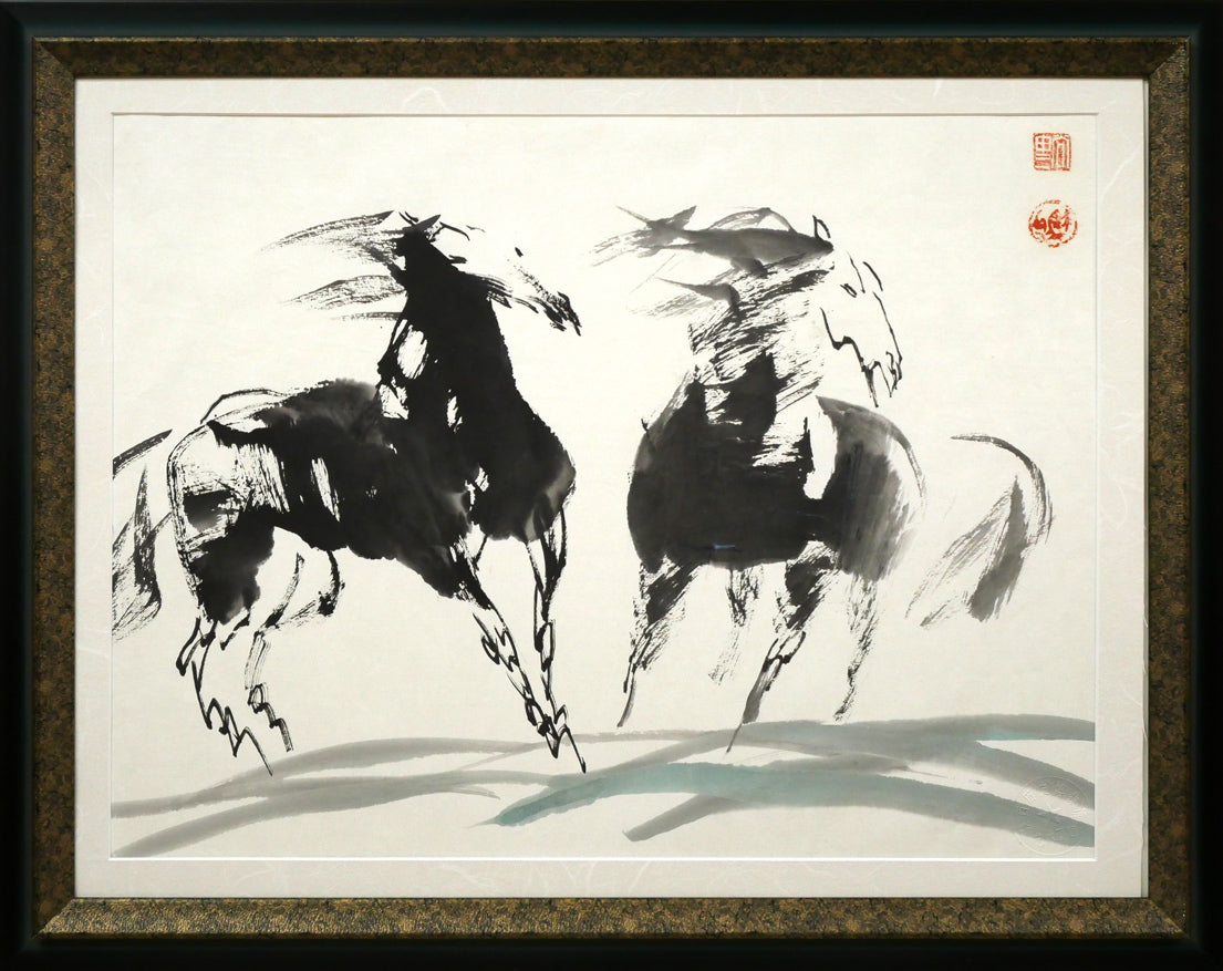 尚申三「双馬図」墨彩画・10号