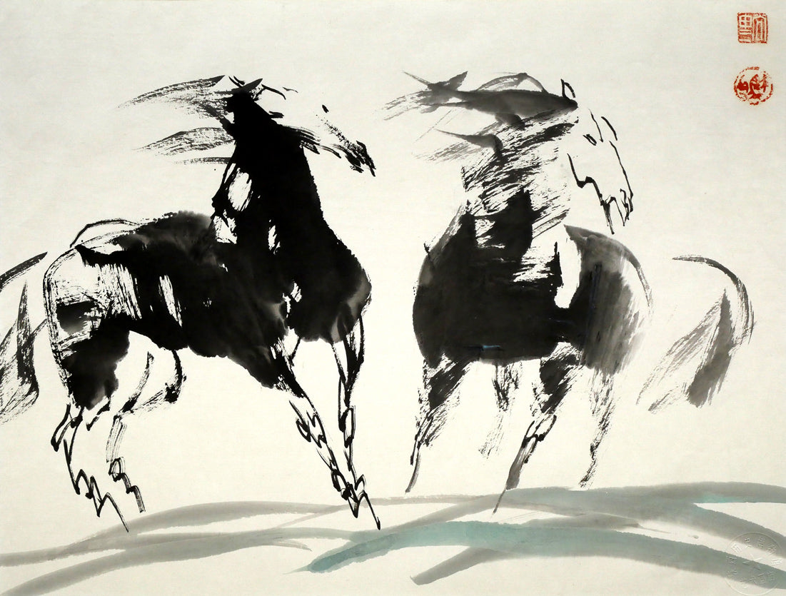 尚申三「双馬図」墨彩画・10号 作品全体画像