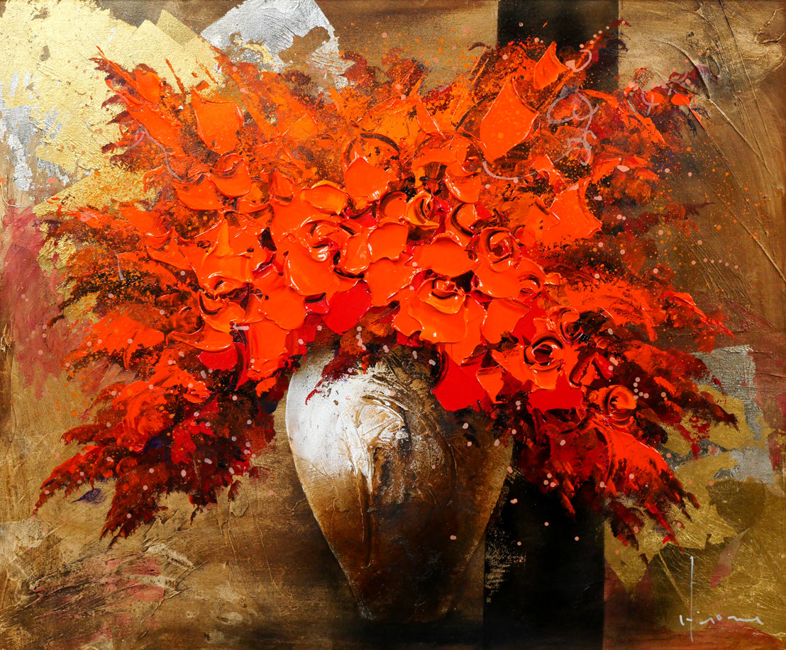 立川広己「赤い盛り花」油絵・F12号 作品全体画像