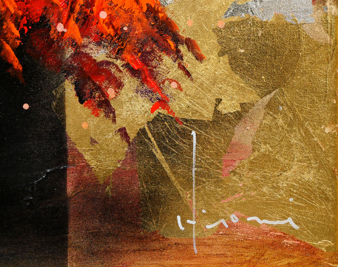 立川広己「赤い盛り花」油絵・F12号 サイン拡大画像