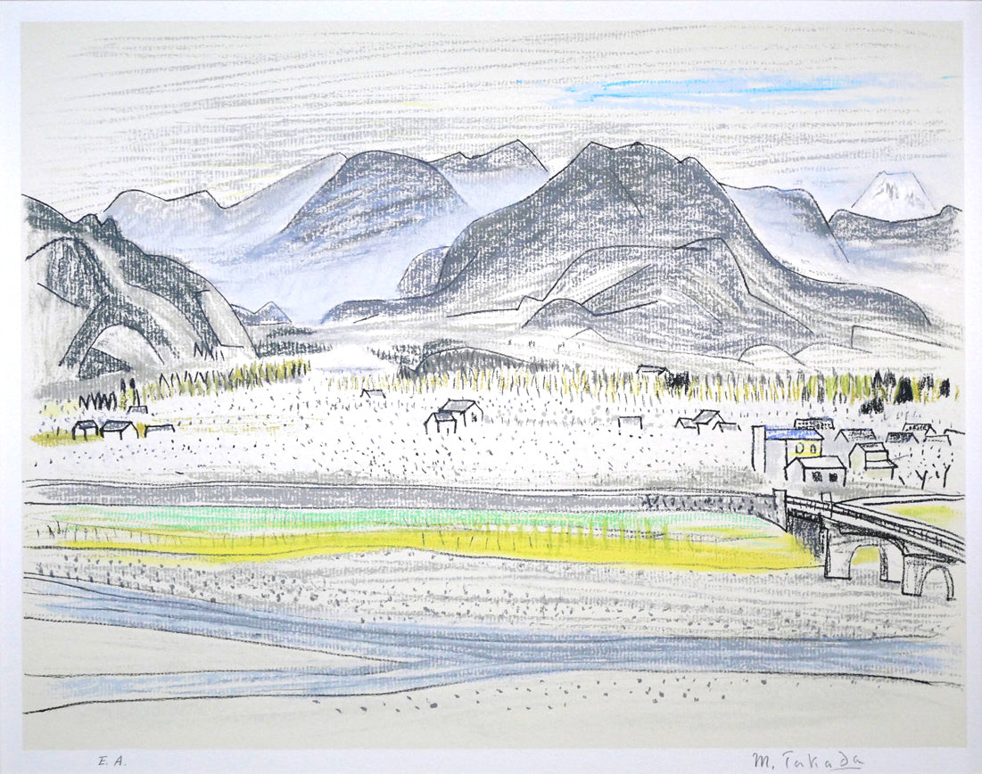 高田誠「桃の咲く笛吹川のほとり」リトグラフ 作品全体拡大画像