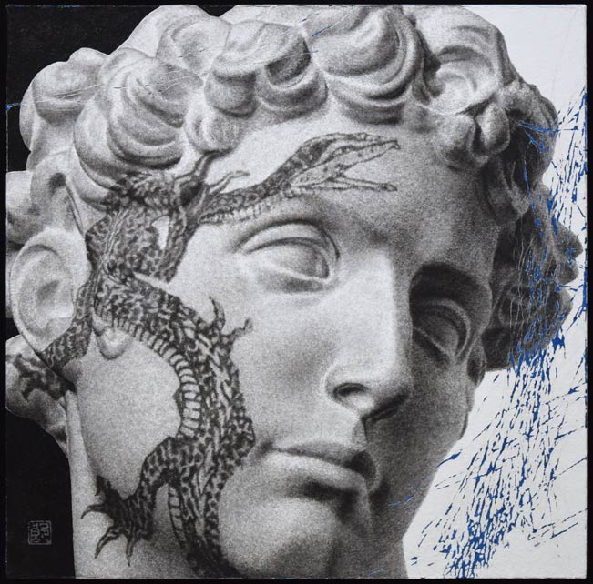 高村総二郎「纏LXVI-北斎(MATOI六十六乃北斎)」和紙に墨、胡粉、膠、金属粉・S4号 作品全体拡大画像