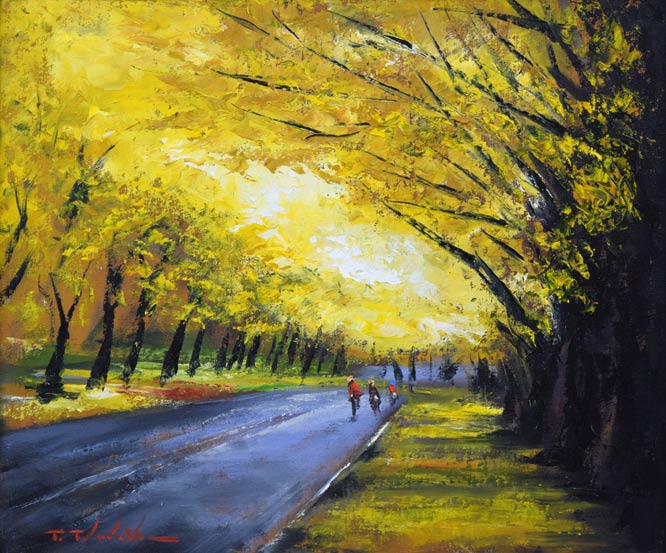 高橋哲夫「イチョウ並木(北海道大学)」油絵・F8号 作品全体拡大画像