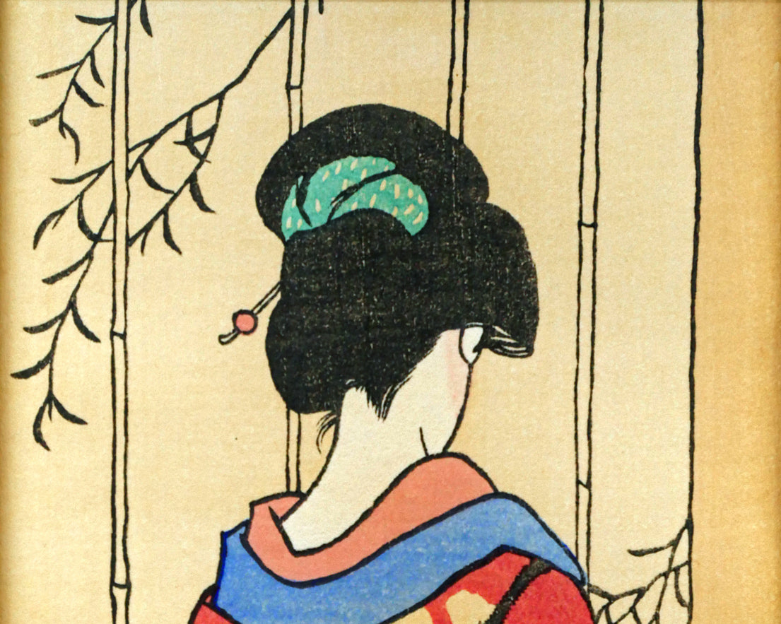 竹久夢二「待つ女」木版画 拡大画像1