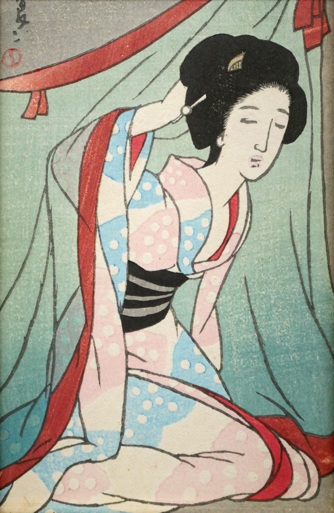 竹久夢二「夏の夜の」木版画 作品全体画像