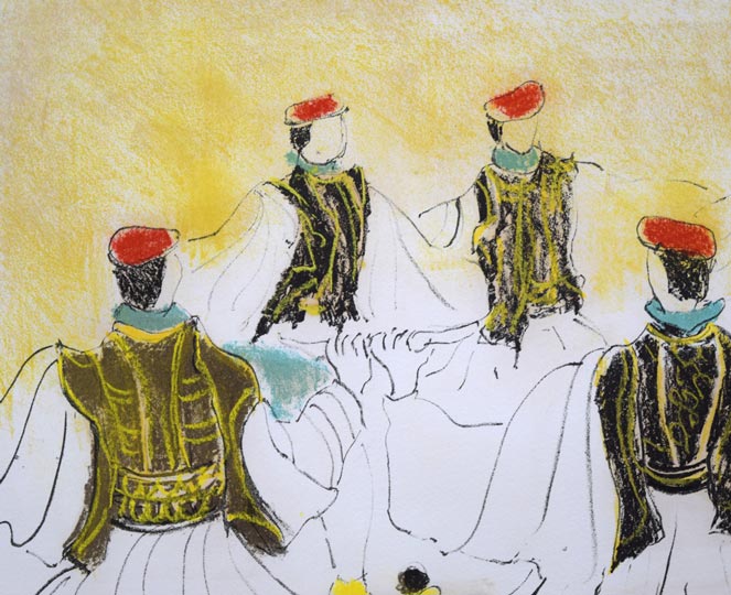 竹岡羊子「ギリシアの踊り」リトグラフに手彩色　拡大画像1