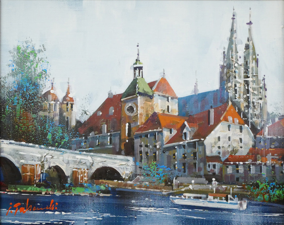 竹内敏彦「レーゲンスブルク(ドイツ風景)」油絵・F3号 作品全体画像