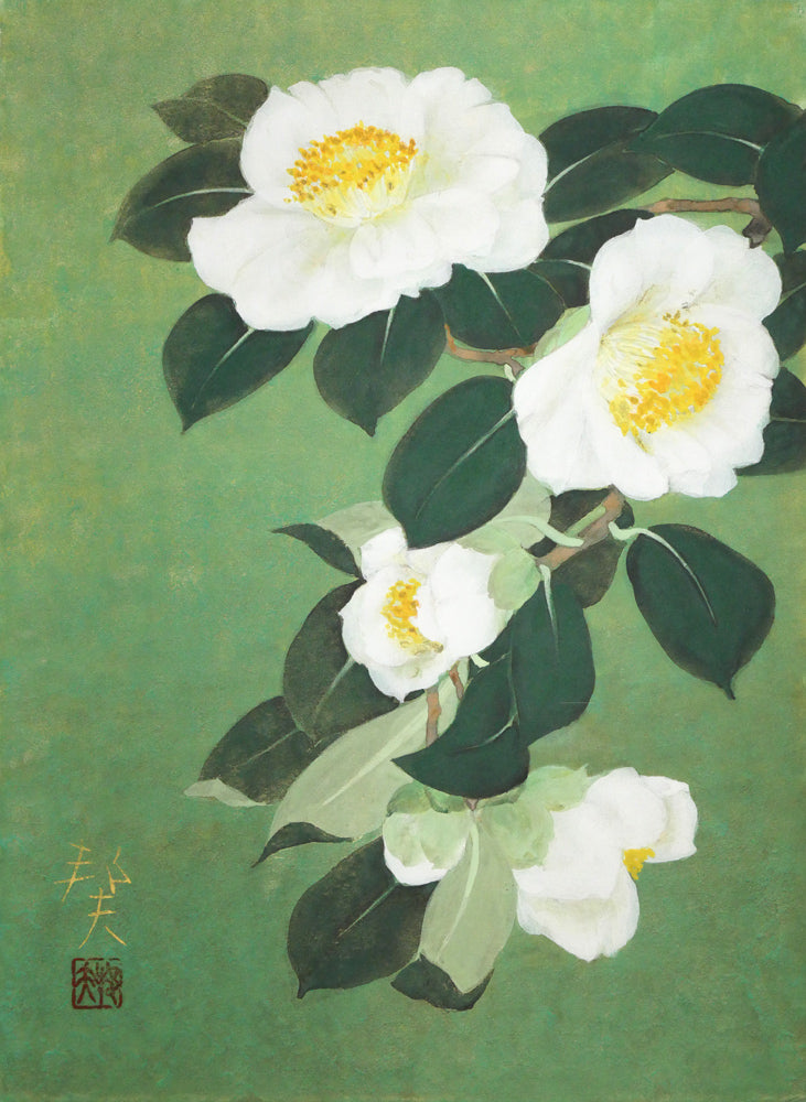 竹内邦夫「椿」日本画・F4号 作品全体画像