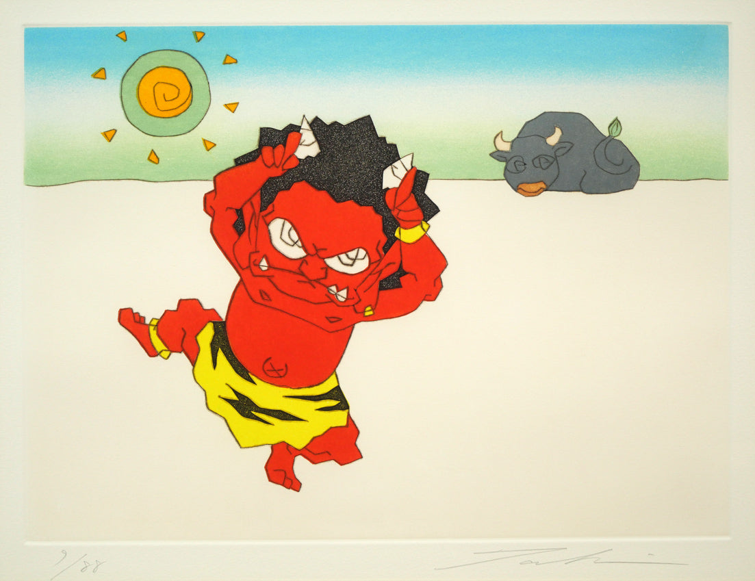 瀧下和之「桃太郎図 鬼ヶ島でウッシッシ。」銅版画 作品全体拡大画像