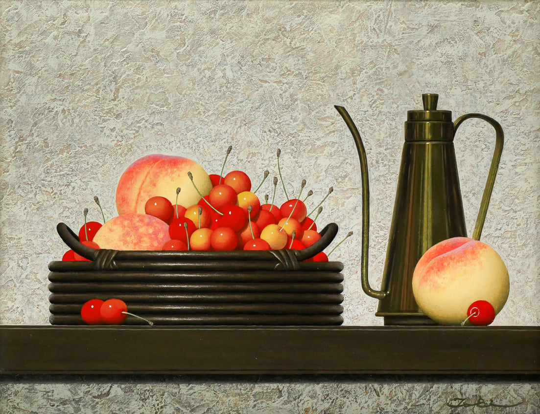 滝沢直次「桃とさくらんぼ」油絵・F6号 作品全体画像