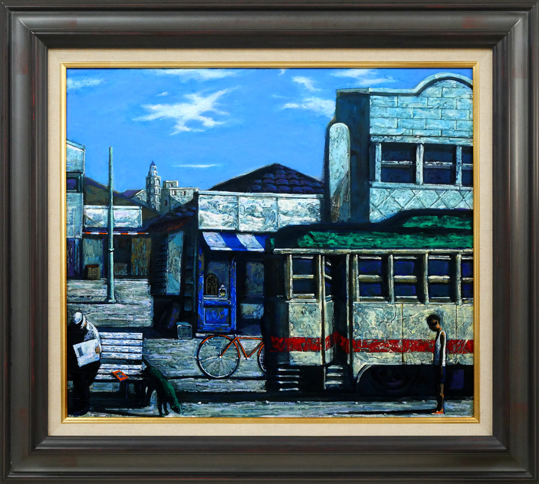 玉虫良次「立ち止まる街」アクリル・油彩・F10号