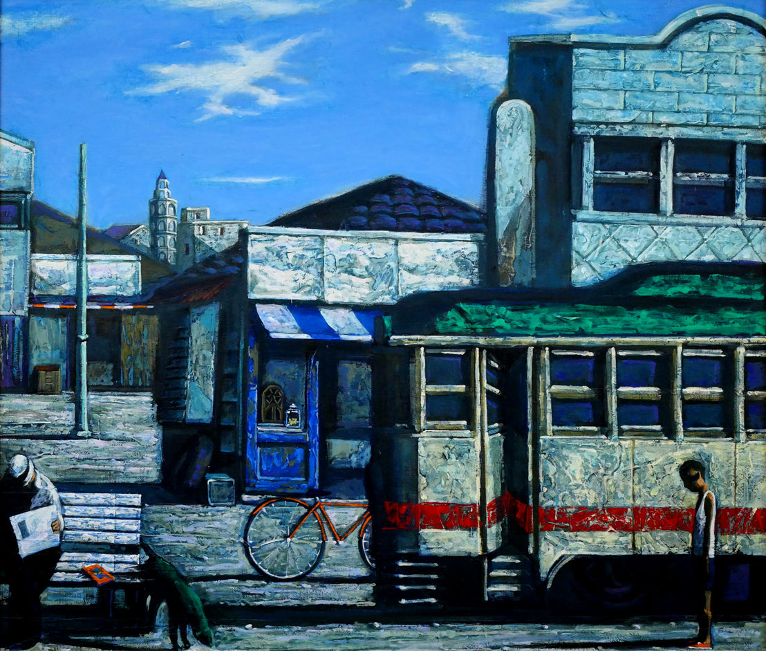 玉虫良次「立ち止まる街」アクリル・油彩・F10号 作品全体画像