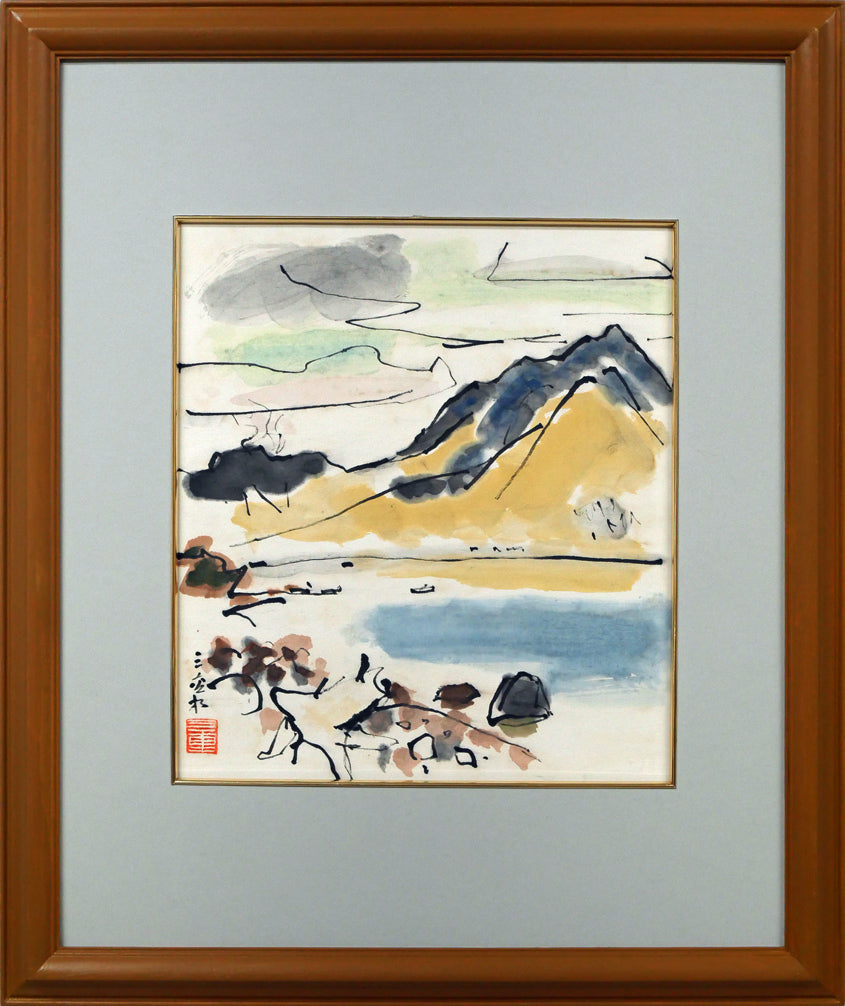 田辺三重松「風不死岳と樽前山(支笏湖)」墨彩画・色紙