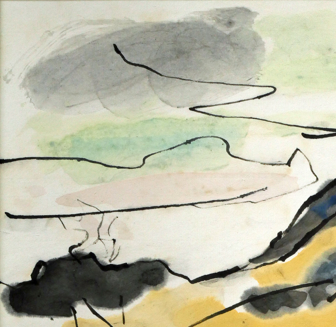 田辺三重松「風不死岳と樽前山(支笏湖)」墨彩画・色紙 拡大画像1