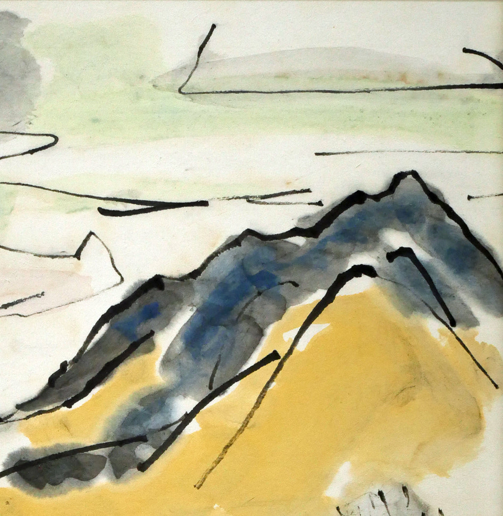 田辺三重松「風不死岳と樽前山(支笏湖)」墨彩画・色紙 拡大画像2