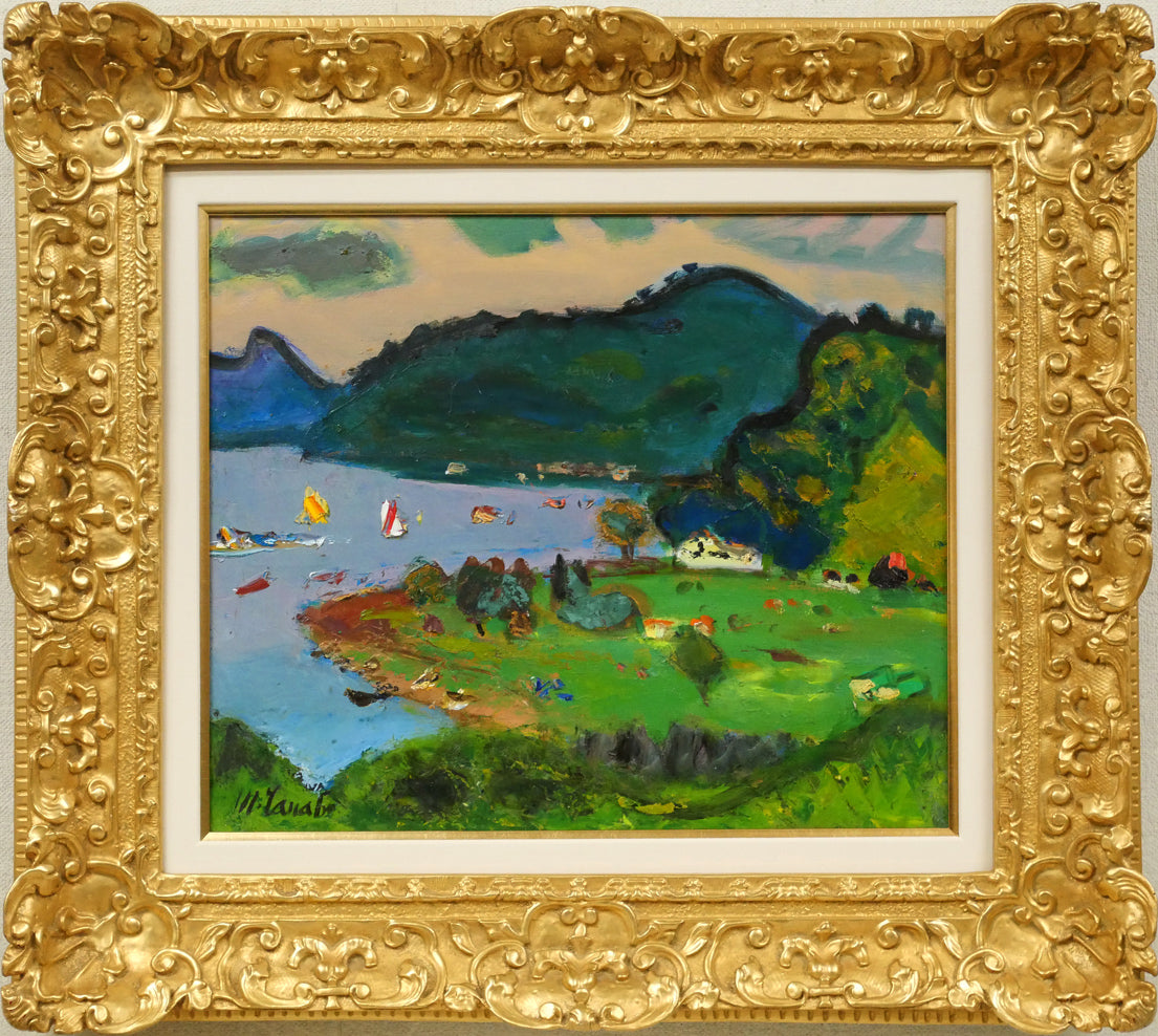 田辺三重松「野尻湖風景」油絵・F8号