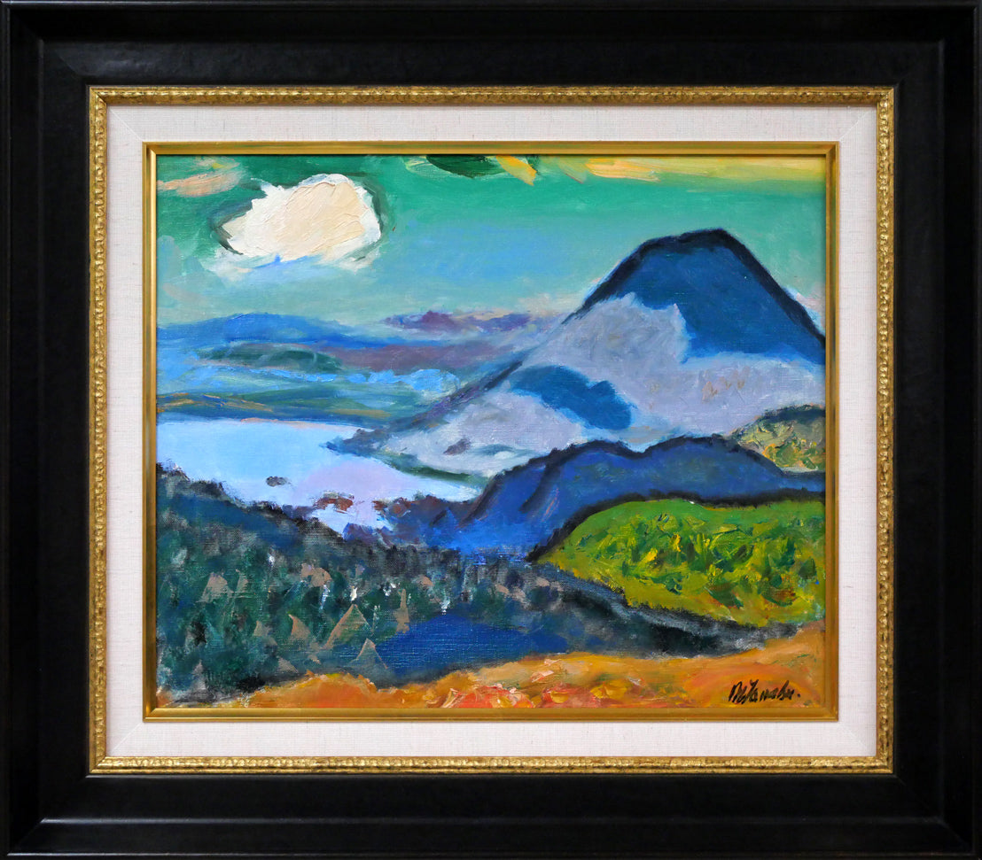 田辺三重松「雲影(雌阿寒岳頂上より阿寒湖眺望)」油絵・F8号