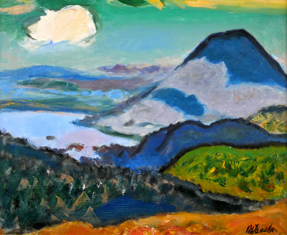 田辺三重松「雲影(雌阿寒岳頂上より阿寒湖眺望)」油絵・F8号 作品全体拡大画像