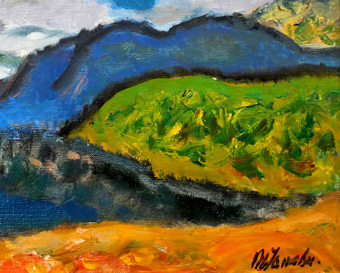 田辺三重松「雲影(雌阿寒岳頂上より阿寒湖眺望)」油絵・F8号 拡大画像4