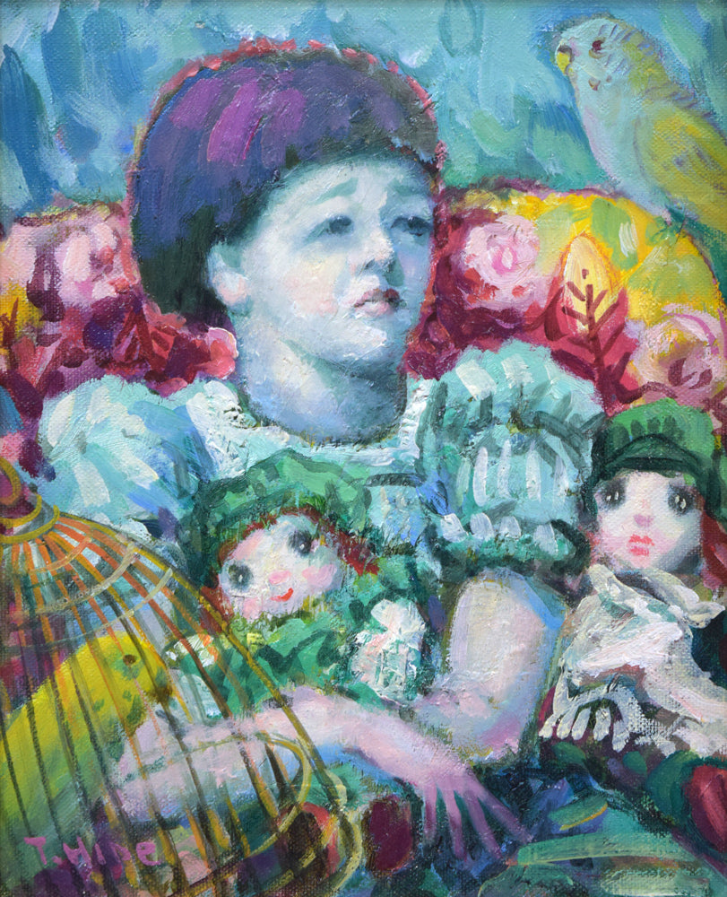 谷田穎郎「少女と人形」油絵・F3号 作品全体拡大画像