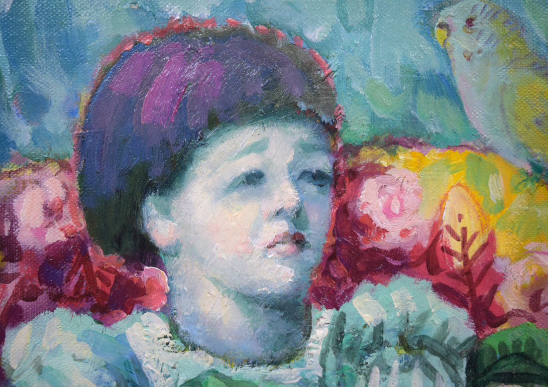 谷田穎郎「少女と人形」油絵・F3号 拡大画像1