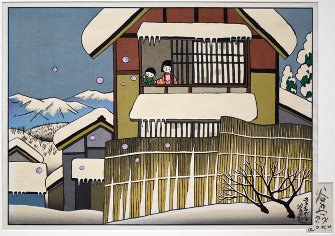 谷内六郎「冬のシャボン玉」木版画　作品全体拡大画像
