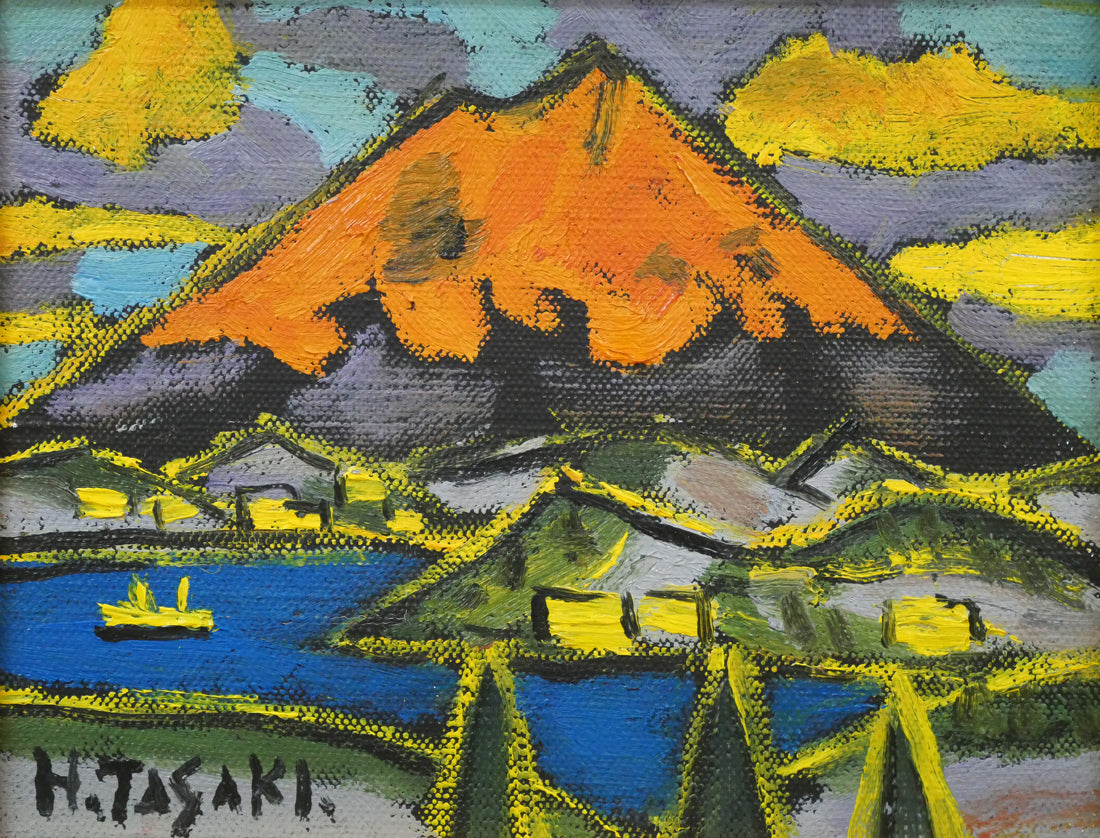 田崎広助「朱富士」油絵・F0号 作品全体拡大画像