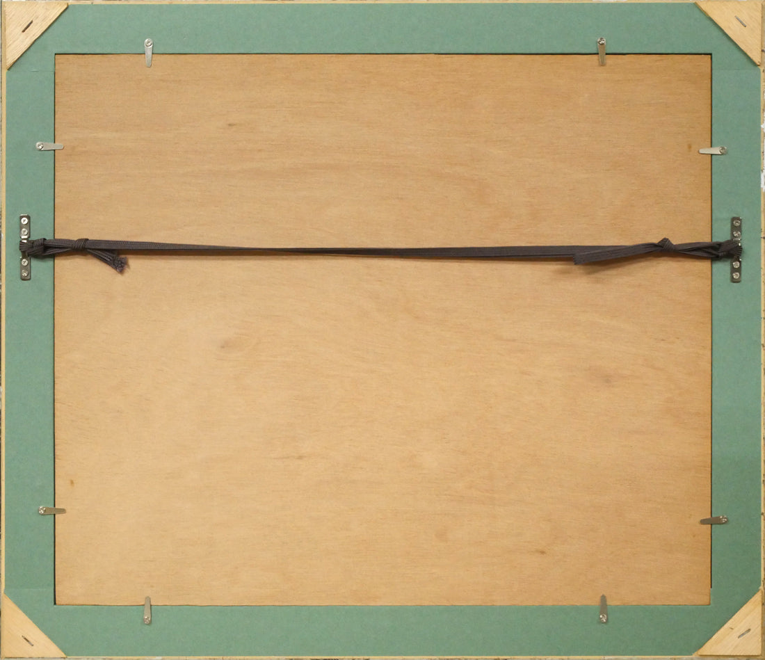 手島圭三郎「神のごと~(短歌)〔阿寒湖畔に歌碑/石川啄木〕」木版画に手彩色 額縁裏側画像