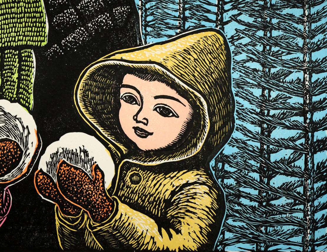 手島圭三郎「冬の親子」木版画 拡大画像4