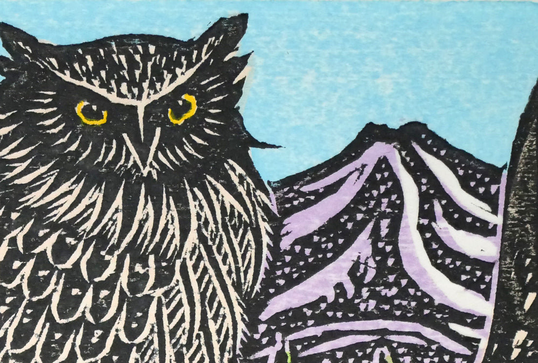 手島圭三郎「しまふくろう春」木版画 拡大画像2