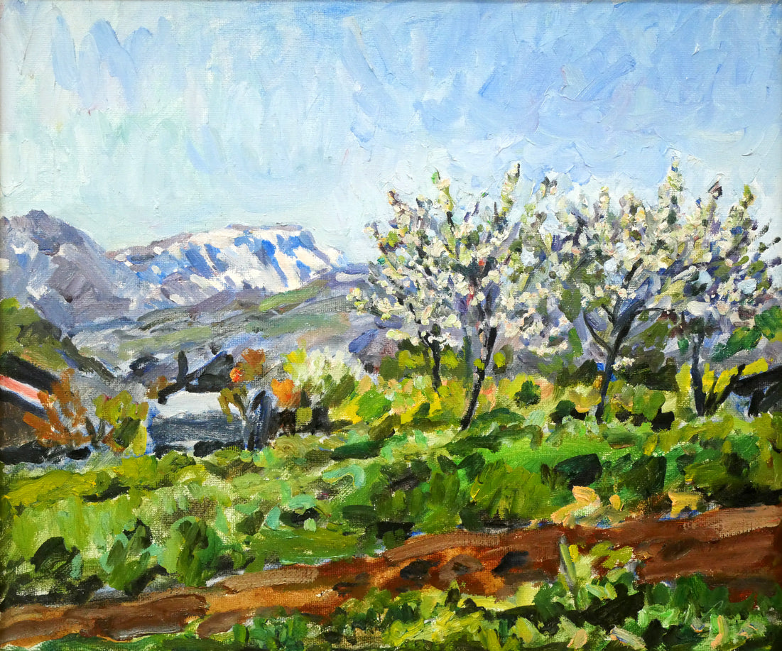 富樫正雄「花咲く早春の手稲山ろく(札幌)」油絵・F8号 作品全体拡大画像