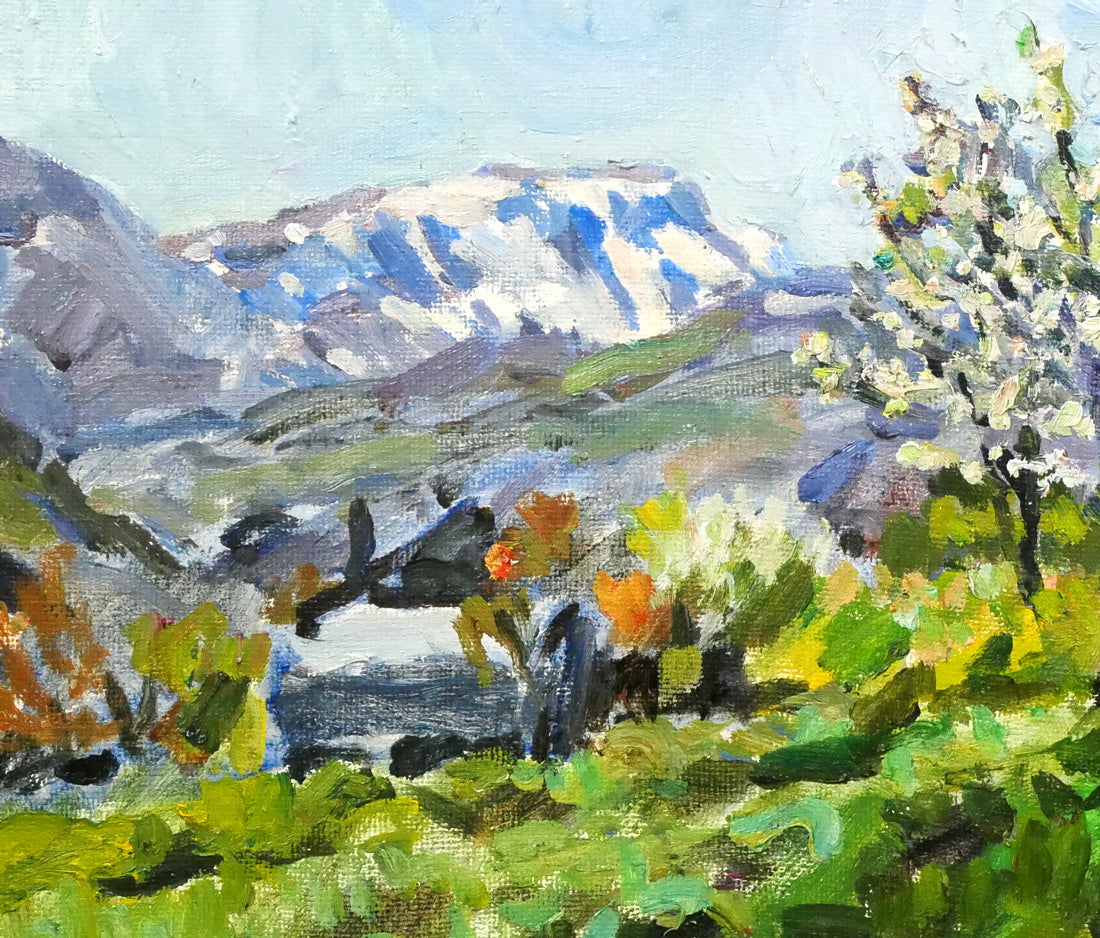 富樫正雄「花咲く早春の手稲山ろく(札幌)」油絵・F8号 拡大画像2