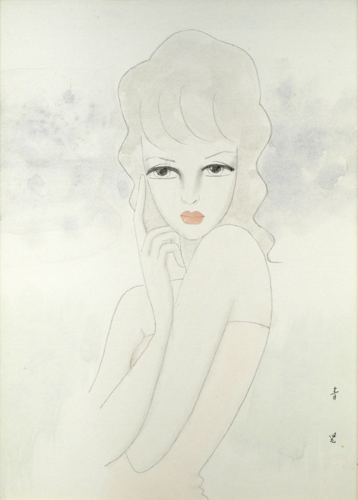 東郷青児「婦人像」水彩画・4号色紙 作品全体画像