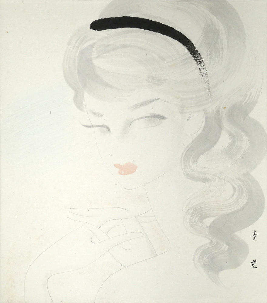 東郷青児「婦人像 (ピエール水彩額縁使用)」水彩画・色紙 作品全体画像