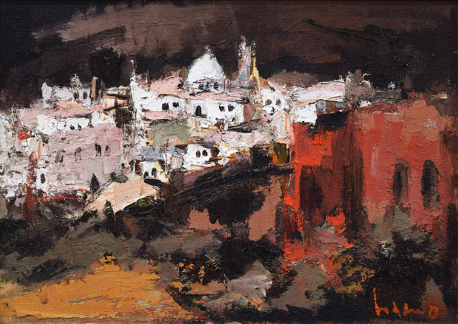 友成晴雄「聖堂の見える丘（南スペイン・ロンダ）」油絵・F4号　作品全体拡大画像