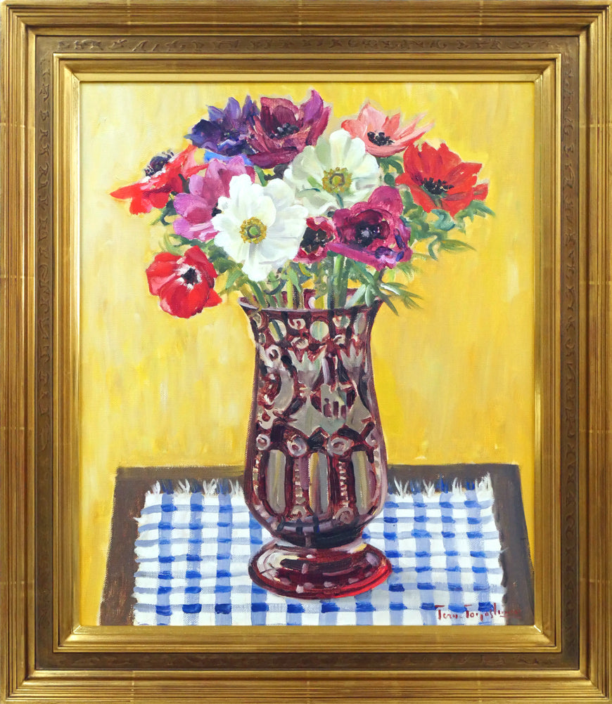 豊島輝彦「ボヘミアグラスのアネモネ」油絵・F8号