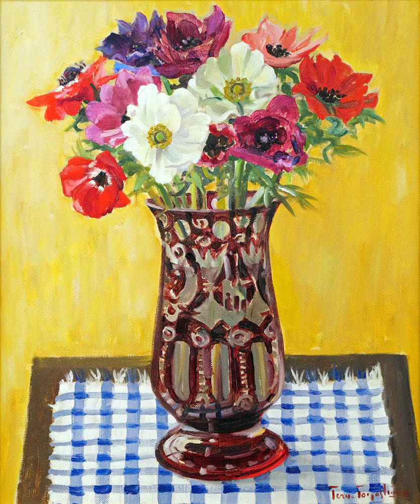 豊島輝彦「ボヘミアグラスのアネモネ」油絵・F8号 作品全体画像