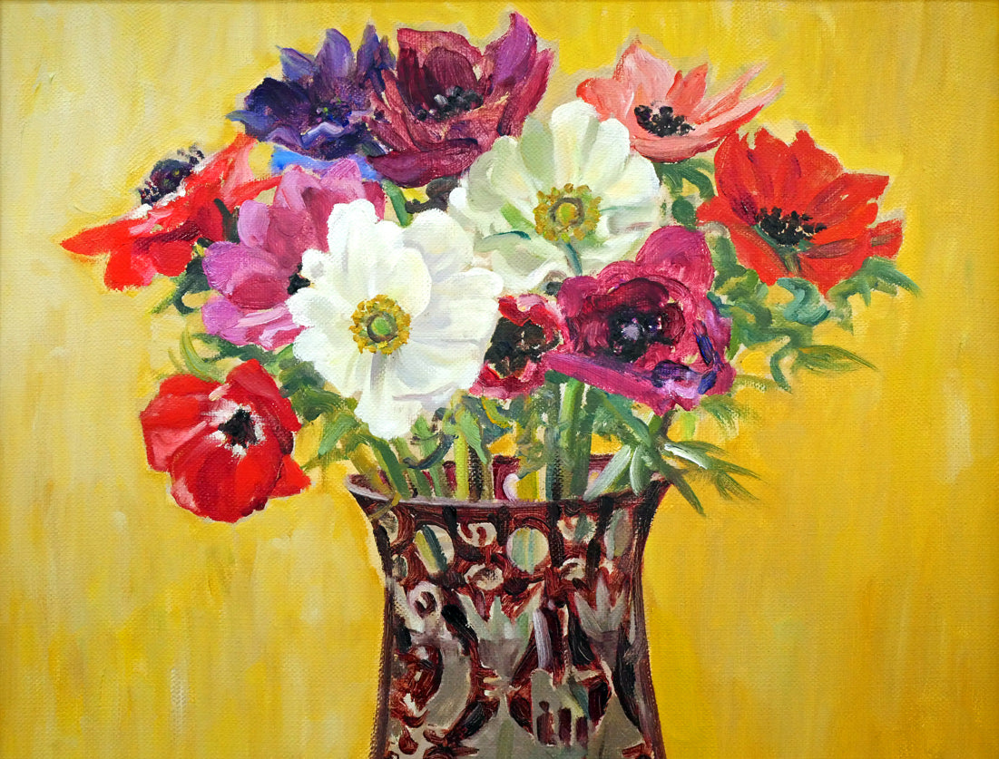 豊島輝彦「ボヘミアグラスのアネモネ」油絵・F8号 拡大画像1