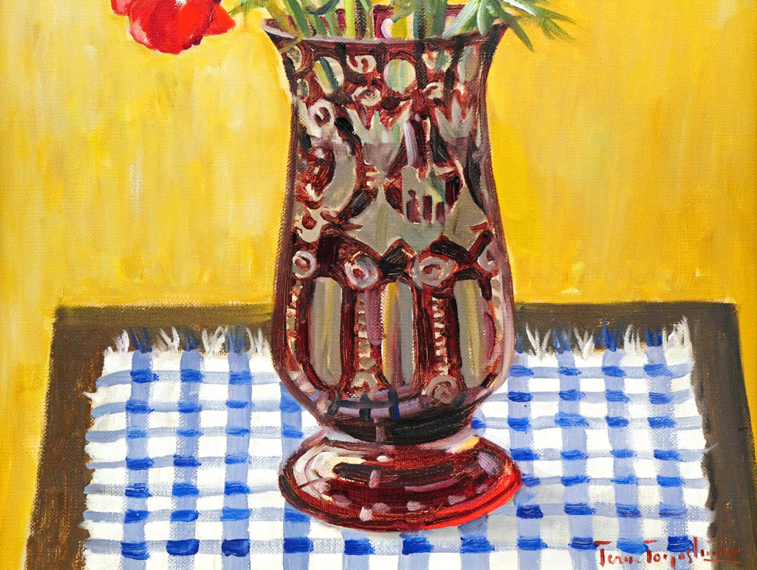 豊島輝彦「ボヘミアグラスのアネモネ」油絵・F8号 拡大画像2