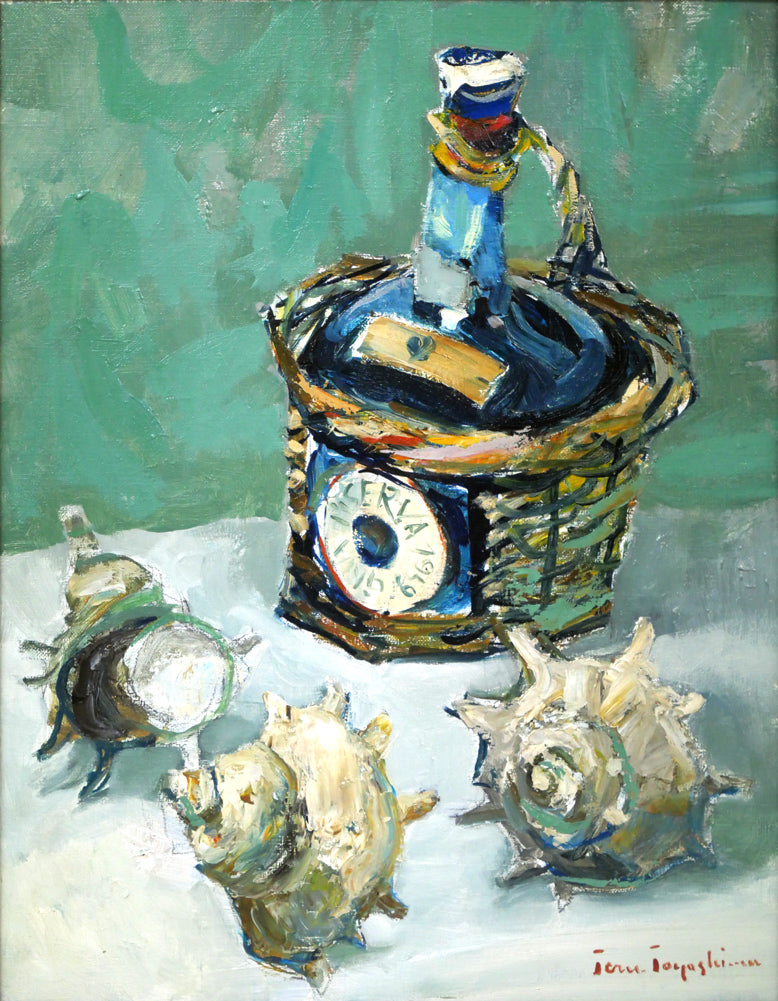 豊島輝彦「洋酒ビンのある静物」油絵・F6号 作品全体拡大画像