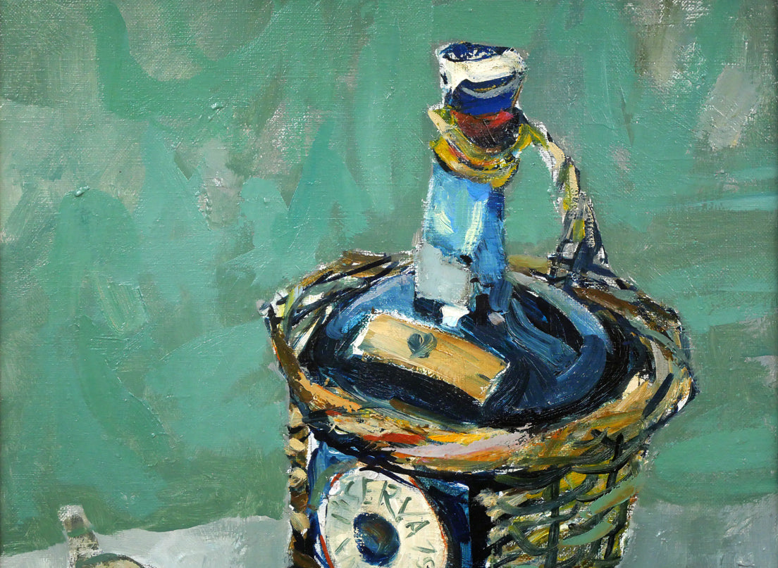 豊島輝彦「洋酒ビンのある静物」油絵・F6号 拡大画像1