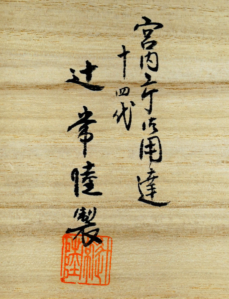 十四代辻常陸「染付吉祥文象香炉」磁器・共箱 サイン部分拡大画像