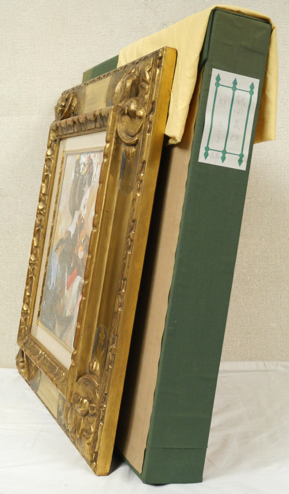 鶴岡義雄「鼓(舞妓)」油絵・F3号 付属品画像(黄袋、布タトウ箱)