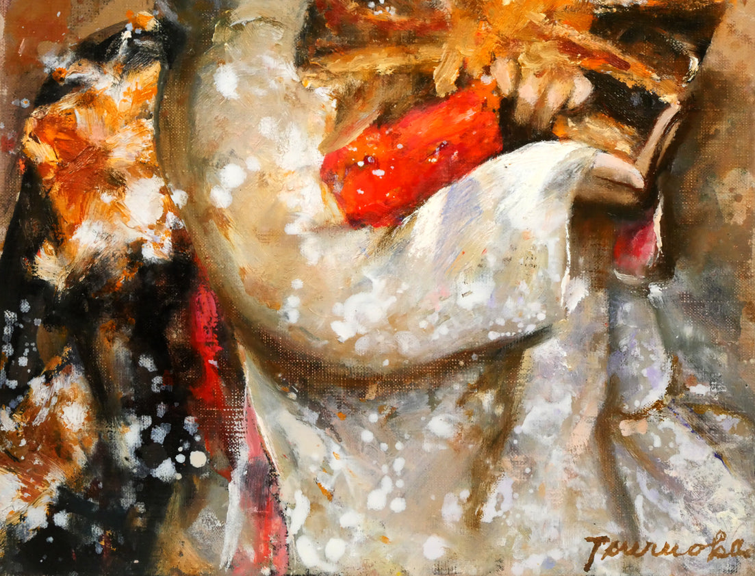 鶴岡義雄「鼓(舞妓)」油絵・F4号 拡大画像4