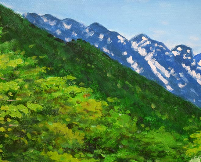 坪井志朗「穂高と清流」油絵・F6号 拡大画像1