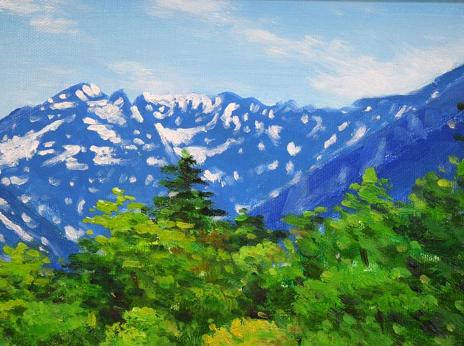 坪井志朗「穂高と清流」油絵・F6号 拡大画像2