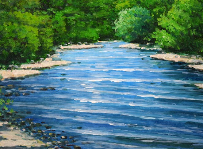 坪井志朗「穂高と清流」油絵・F6号 拡大画像3